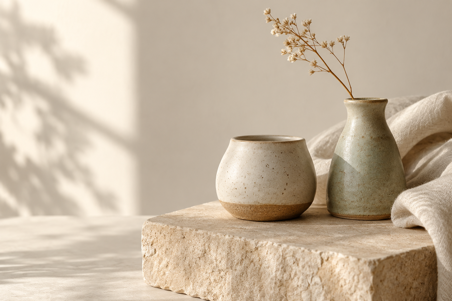 Two handmade ceramic vessels on a sandstone plinth with folded linen and a dried stem in soft daylight.