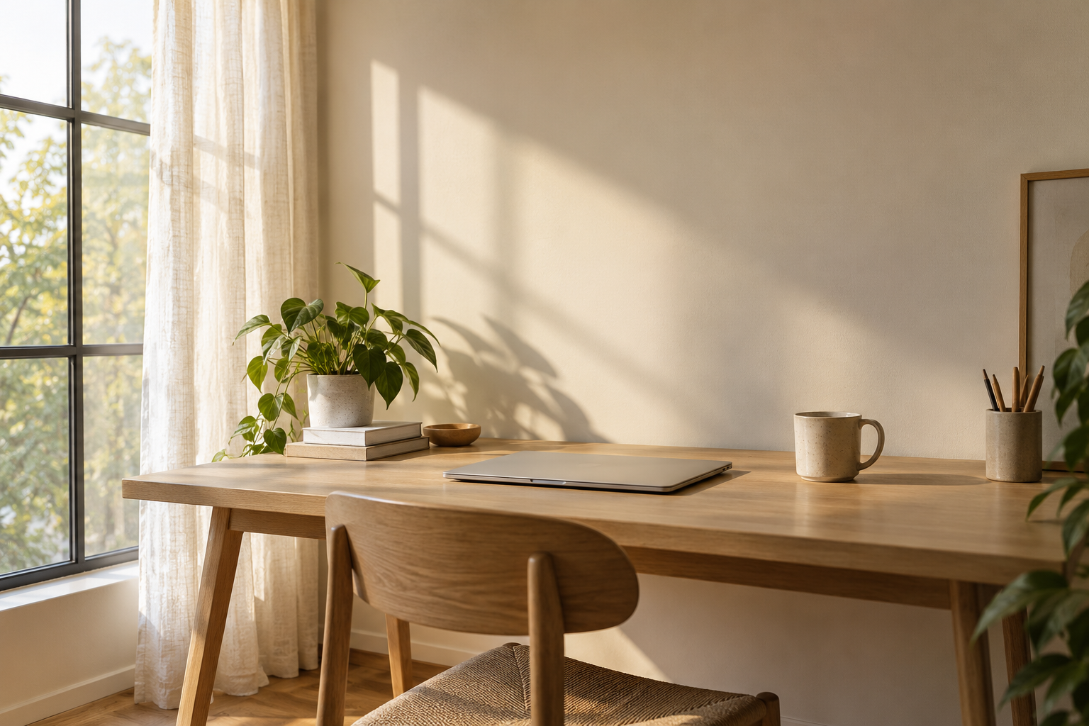 Warm morning light falls over an oak desk with a laptop, ceramic cup, and leafy plant beside a window.