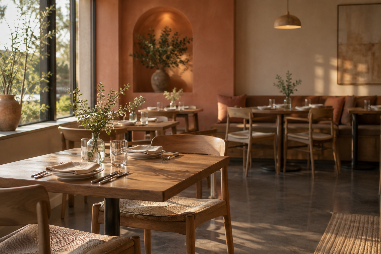 An empty restaurant with oak chairs, linen napkins, and warm window light across terracotta and cream interiors.